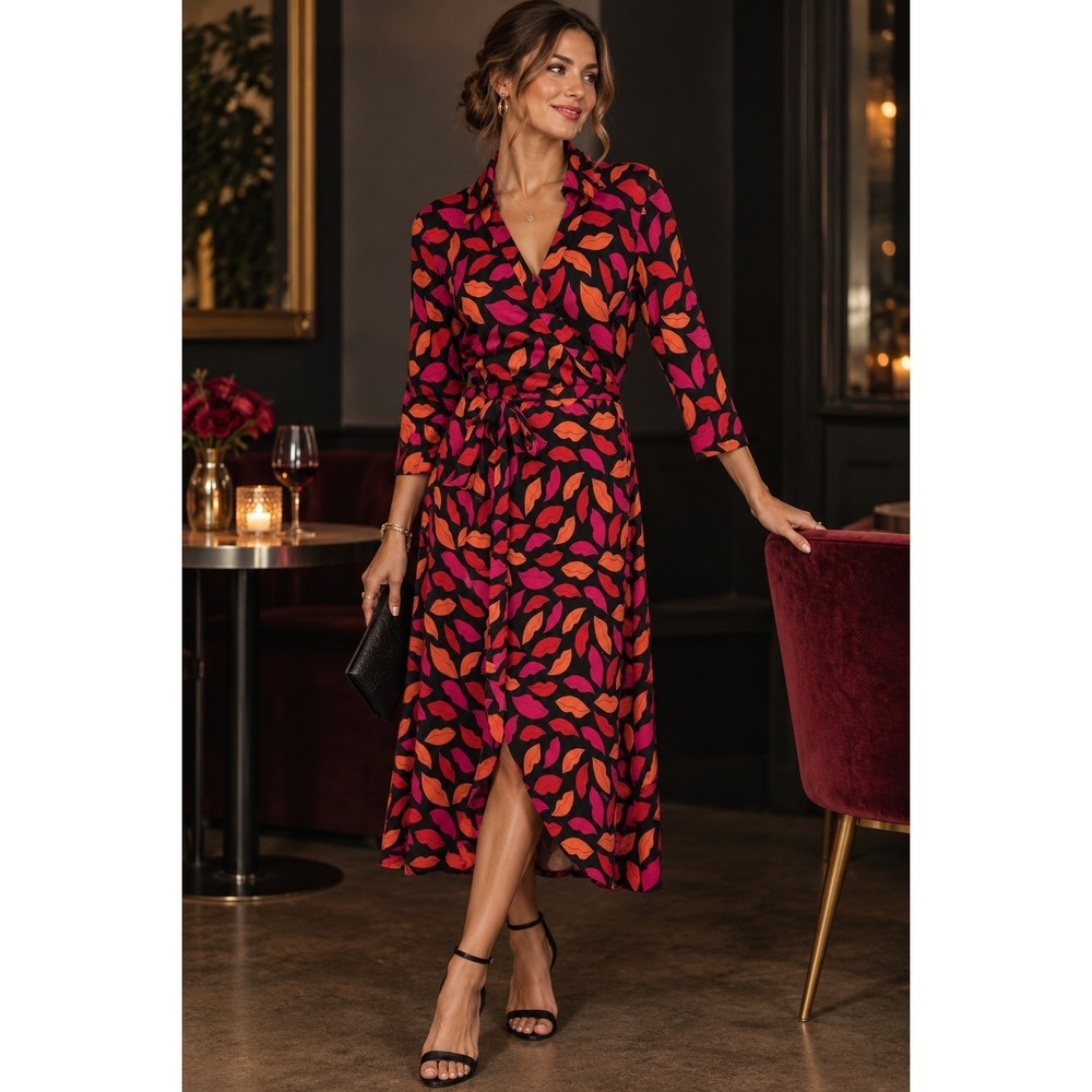 Diane von Furstenberg Wrap Dress Womens L Black Pink Lip Print Silk Date Night